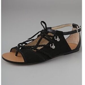 BE & D Rico Suede Flat Thong Sandals with Braid Wrap in Black/Nickel Size 36.5